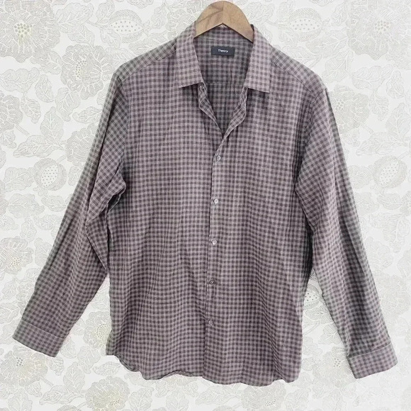 Theory Checker Button down Long sleeve  Men's Dress Shirt L - Picture 1 of 8